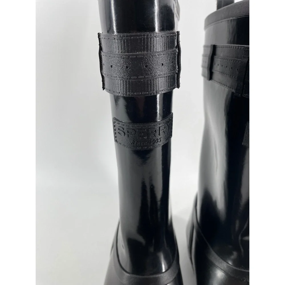 Sperry Waterproof Rubber Rain Boots Womens 10 Black STS82562 Glossy Buckle Tall‎